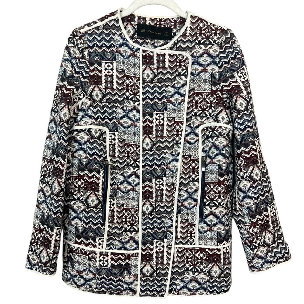 Zara Basic Patchwork Motorcycle Longline Blazer Jacket sz XS Tapestry Jacquard